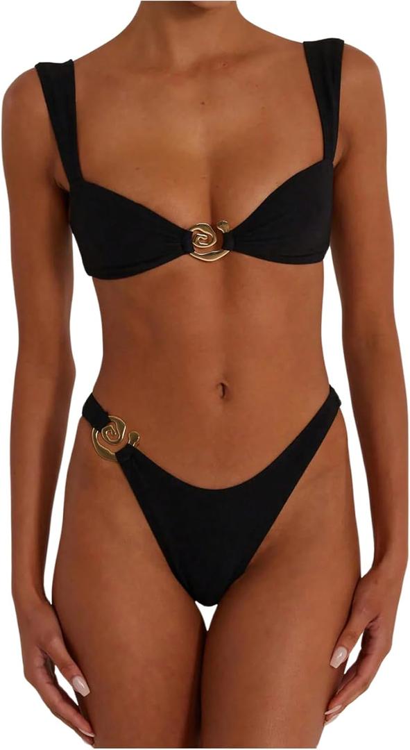 SOLY HUX Metal Ring High Cut Bikini Sets for Women Brazilian Cheeky Two Piece Sexy Bikinis Bathing Suit Swimsuits (Medium, Solid Black)
