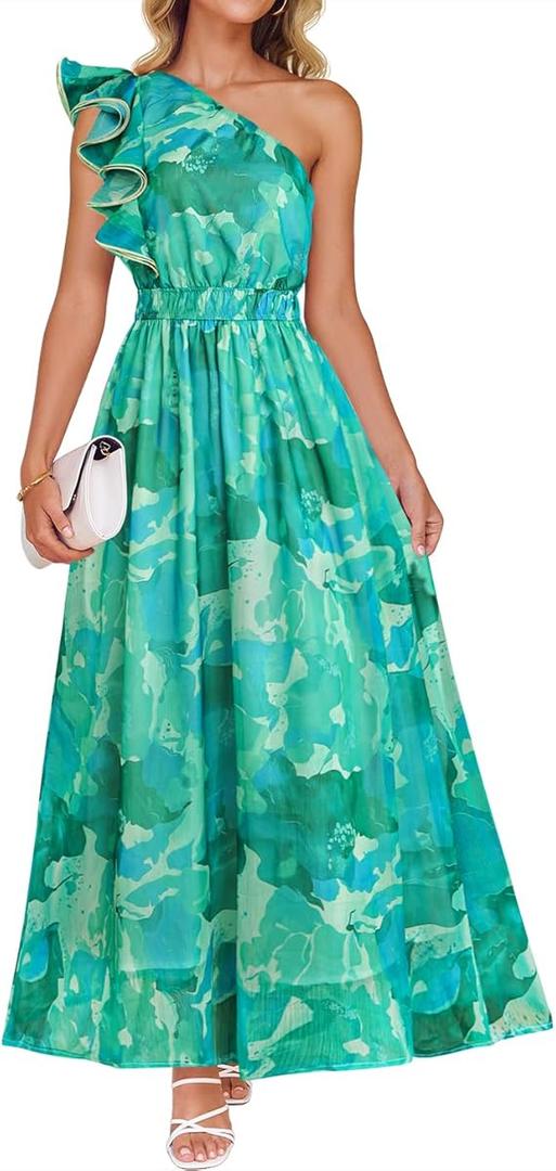 ZESICA Women's 2026 Summer Floral Sleeveless Maxi Dress Ruffle One Shoulder High Waist Boho Beach Wedding Guest Long Dresses, XL