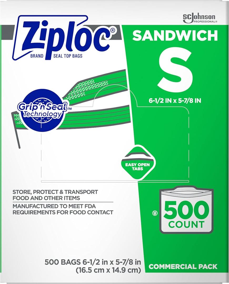 SC Johnson Professional Ziploc Brand Sandwich Bags, Food Storage Ziploc Brand Bags, Easy Open Tabs, Commercial Pack, 500 Count Box, for Professional Use Only