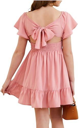 DOKOTOO KIDS Girls Elegant Ruffle Short Sleeve Back Tie Dresses 8-9Years Old L