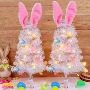 Dynaming 2 Pack Easter Table Decorations, 23 Inch Lighted Easter Bunny White Tree, Pre-lit Artificial Tabletop Tree with Ears & Eggs, Battery Operated Light Up for Indoor Spring Home Bedroom Decor