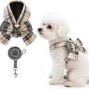 KOOLTAIL Small Dog Harness and Leash Set, Cute Puppy Vest Harnesses with Bowtie, Step in No Pull Soft Mesh Padded Adjustable Plaid Pet Harness for Dogs Cats, Boy Girl,  Beige M