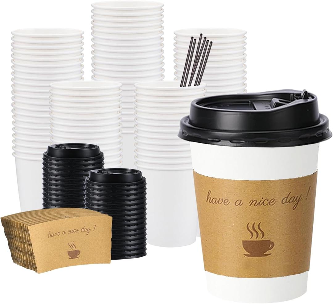 BYSNOW 100 pack 12 oz Disposable Thickened Coffee Cups with Lids, Scald Resistant Hot Cup with Sleeve and Straw, To Go Coffee Cups for Home, Office, Cafes and Party (White 12oz)