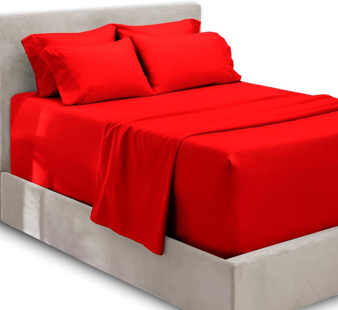 Hearth & Harbor Queen Sheets Sets - 6 Piece, Extra Deep Pocket, Microfiber, Cherry Red