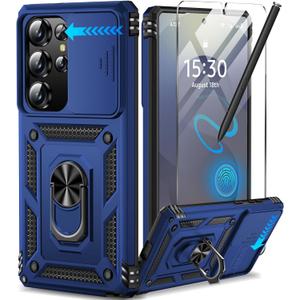 Taisairu for Samsung Galaxy S25 Ultra Case with Screen Protector & Slide Camera Lens Cover, Built-in Magnetic Ring Stand Shockproof Protective Phone Case for Samsung S25 Ultra Case (Blue)