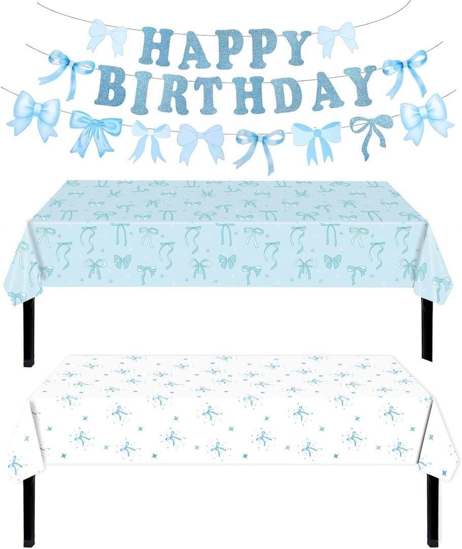 Blue Bow Birthday Decorations and 2 Bow Tablecloths Pre-strung Happy Birthday Banner Cute Theme Blue Bows Party Decoration Suitable for Women, Girls