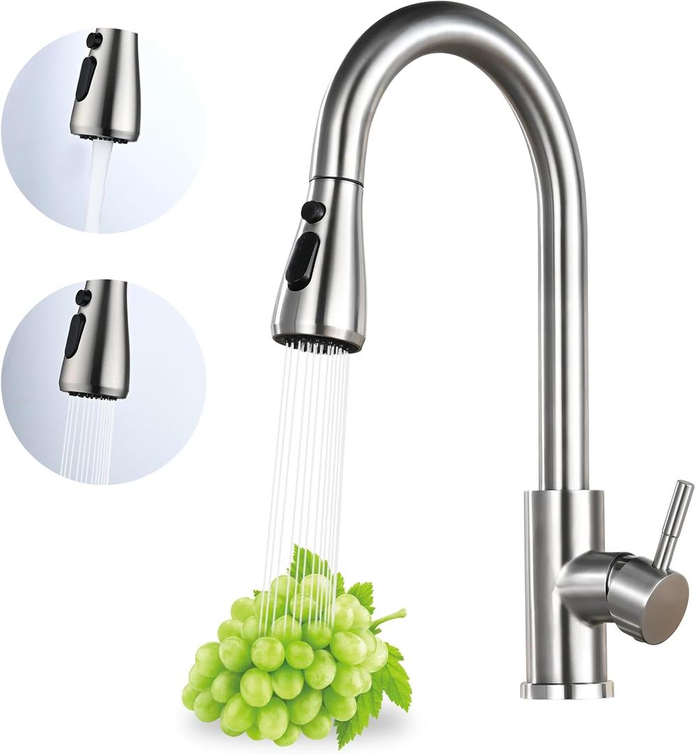 Kitchen Faucet with Pull Down Sprayer, High Arc Brushed Nickel Single Handle Kitchen Sink Faucet, Stainless Steel, 3 Mode(Stream/Spray/Pause), 360 Swivel, Grifos para Fregaderos de Cocina