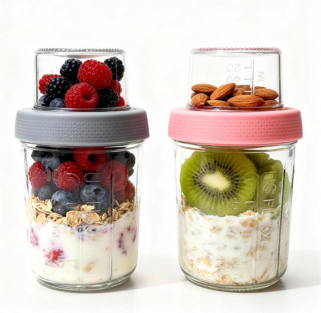 Overnight Oats Containers with Lids Breakfast Prep CupDual-Layer Pudding JarPortable Salad ContainerSnack Storage Jar (Gray/Pink, 10oz+2oz, 2Pcs)