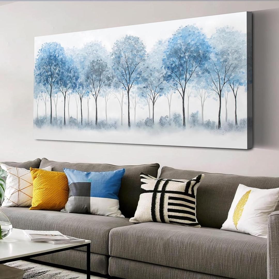 Forest Wall Art Blue and White Misty Trees Landscape Artwork 29"x58", 29L" x 58W"