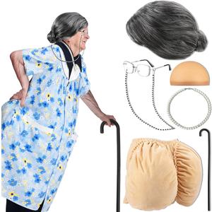 Halloween Old Lady Costume for Women, Granny Dress With Accessories (XL/XXL)