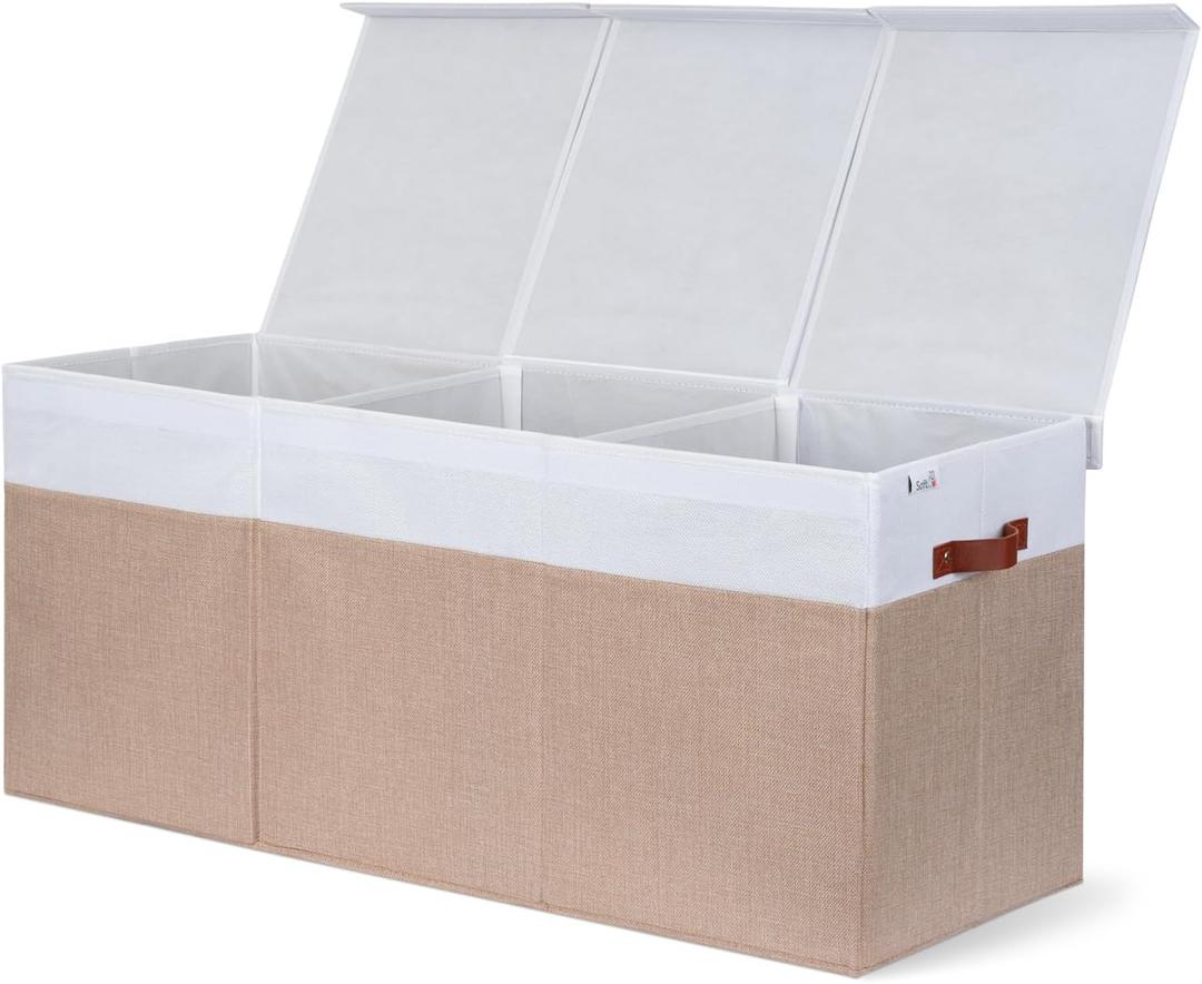 Extra Large Toy Storage Organizer with Lid - Sturdy, Collapsible Toy Chest Storage Box Design - Toys Bin with Dividers for Kids, Nursery, Bedroom, Playroom 37"x16"x14" (Beige & White)