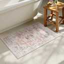 Uphome Boho Bathroom Rugs, Distressed Farmhouse Blush Pink Bath Mat, Comfy Velvet Small Bath Rugs Non Slip Washable, Vintage Oriental Toilet Rug for Sink Shower Vanity, 20x32 inch