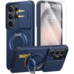 JAME for Samsung Galaxy S26 Ultra Case, Ring Holder Stand Kickstand, Slide Camera Cover with Screen Protector, Dual-Layer Shockproof Protective Magnetic Accessory Friendly S26 Ultra Phone Case, Blue