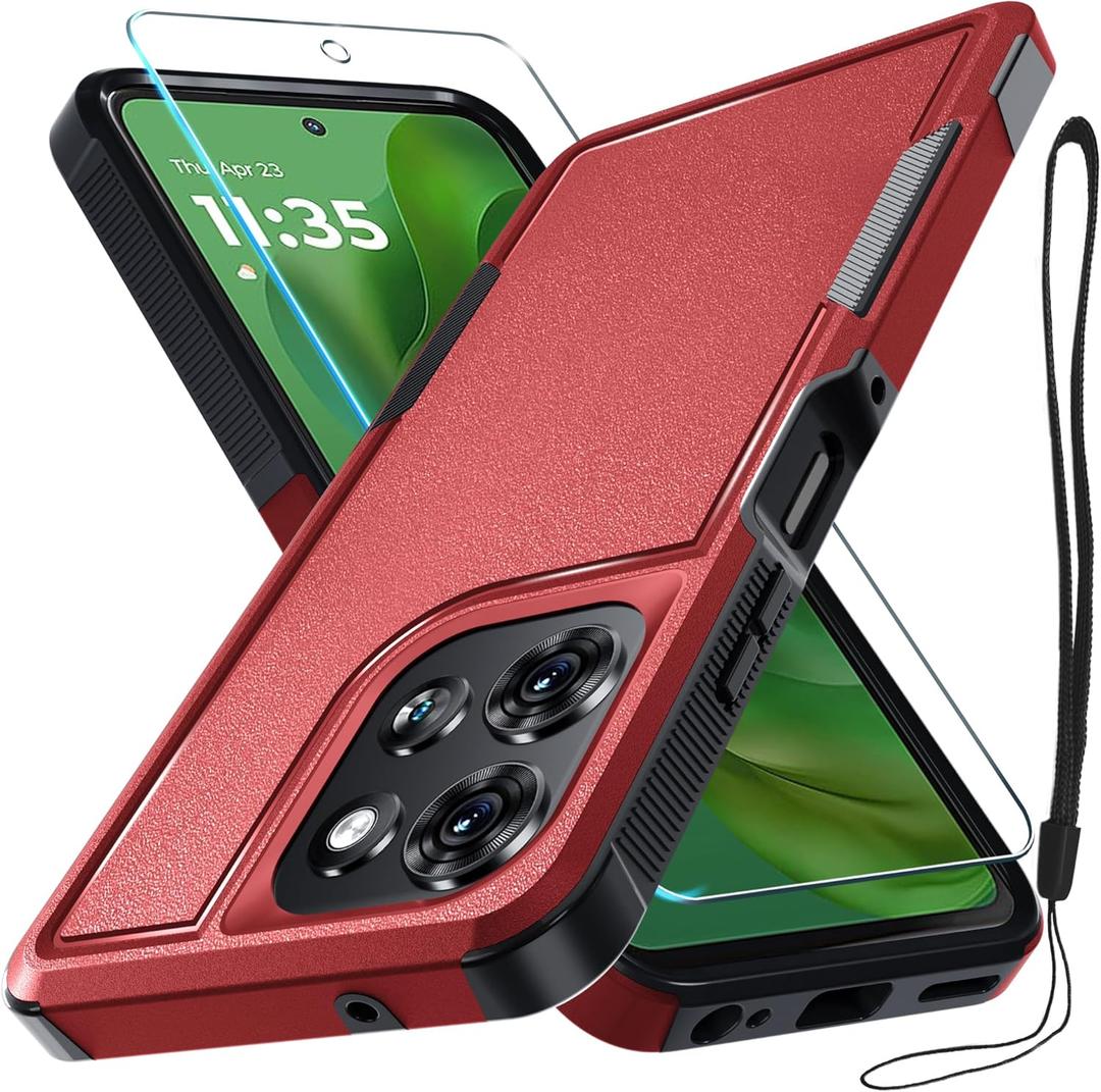 RMOCR for Moto G Power 5G 2025 Case, Full Body Heavy Duty Rugged Shockproof Protective Phone Cover with Lanyard Strap, Tempered Glass Screen Protector, Red