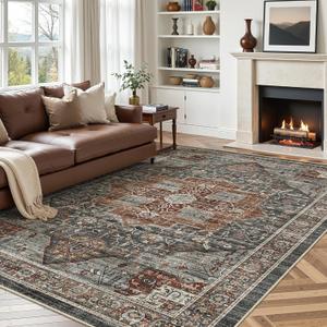 Roxstand 5x7 Area Rugs, Stain Resistant Machine Washable Area Rugs with Non-Slip Backing, Vintage Rugs for Bedroom, Living Room, Large Soft Low Pile Area Rug (Grey/Brown/Tan, 5'x7')