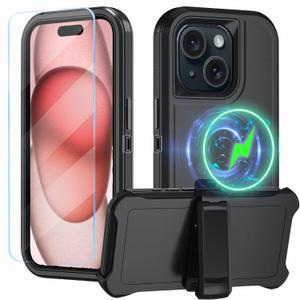 CONWOE Magnetic for iPhone 15 Case,with Belt Clip,[Compatible with Magsafe] W/Tempered Glass Screen Protector,Anti-Drop,Shockproof,Heavy Duty Protection (Wine red)