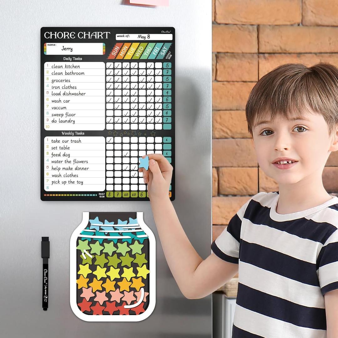 Magnetic Reward Chart for Kids - 8.5"x11" Dry Erase Chore Chart with Reward Jar - Ideal for Home Chore Tasks&Reward System (Black)