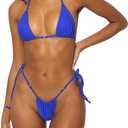 MIYOUJ Women Halter String Bikini Set Sexy Thong Cheeky Two Piece Swimsuits Solid Color Bathing Swimwear (Blue, S)