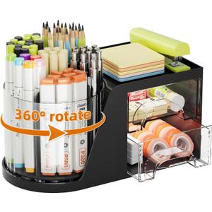 Marbrasse Desk Organizer with 2 Drawer, 360Rotating Pen Holder, Desk Organizers and Accessories with 6 Slots Pencil Holder + 2 Drawer, Art Supply Storage Box Caddy for Office (Black)