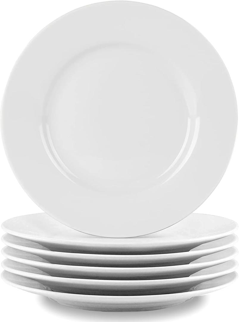 bestone 8 Inch Porcelain White Salad Plates Set, Porcelain Dessert/Salad Plate Classic Round with Wide Rim, Lead-Free, Dishwasher, Microwave, Freezer, Oven Safe, for Everyday Use-Set of 6