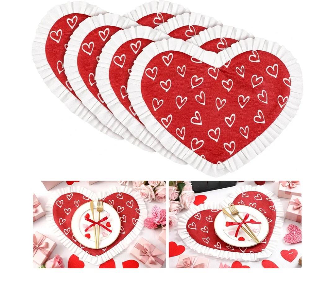 Bucherry 4 Pcs Valentine's Day Heart Placemats 17 Inch Red Love Hearts Placemats Fabric Table Mats with Ruffled White Edge, Seasonal Anniversary Holiday Table Mats for Party Kitchen Dining Decoration