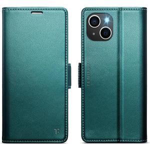 for iPhone 14 Case Wallet with RFID Blocking Card Holder, PU Leather Kickstand Protective Flip Phone Cover Fit for iPhone 14 6.1", Bluish Green