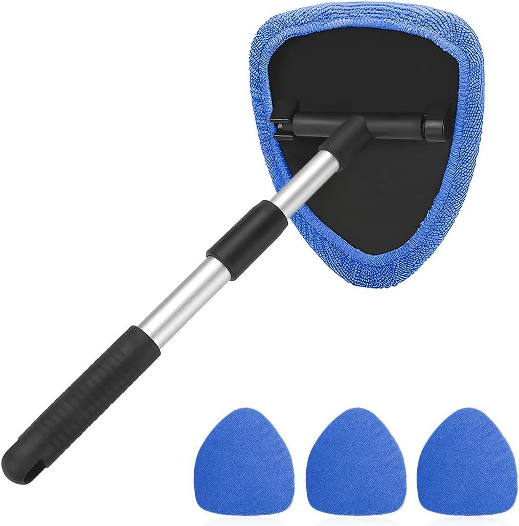 Windshield Cleaning Tool, Car Window Cleaner with Extendable Long Handle and 4 Washable Reusable Microfiber Pads, Auto Interior Exterior Glass Wiper Cleaning Kit Universal for Office And Home (Blue)