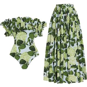 IDOPIP Women's One Piece Swimsuit with Beach Cover up Wrap Skirt Sarong Retro Floral Print Bikini Set Two Piece Bathing Suit (Green Hydrangea)