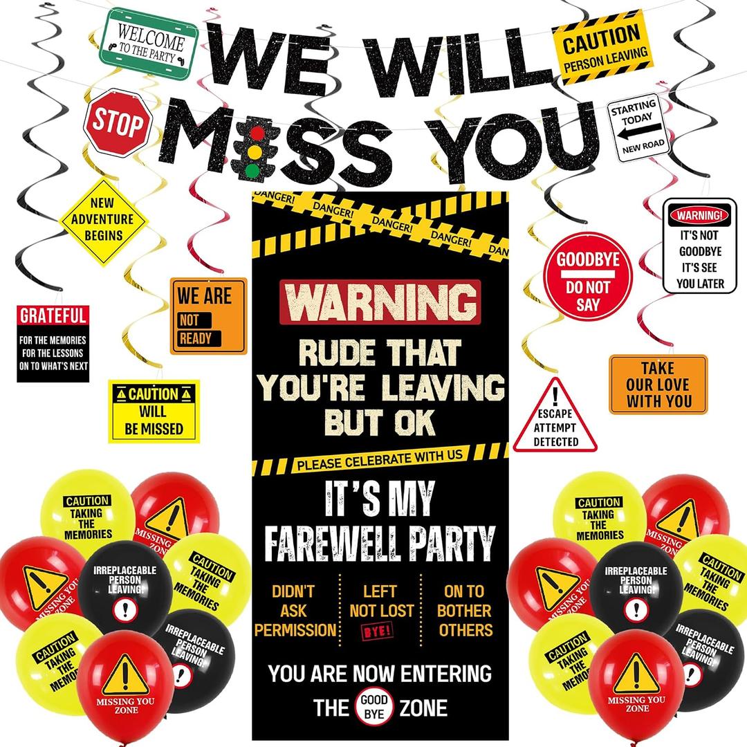 Roetyce Farewell Decorations Men Women, Caution Logos We Will Miss You Banner Balloons Hanging Swirls, Funny Going Away Retirement Goodbye Party Supplies, Leaving Party Photo Backdrop Door Wall Signs
