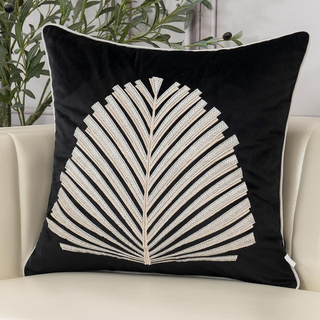 Aeckself Black White Leaves Velvet Throw Pillow Cover 20 x 20 Inch, Embroidery Square Cushion Case with Stitched Edge Luxury Modern Decorative Pillowcase for Couch Living Room Bedroom