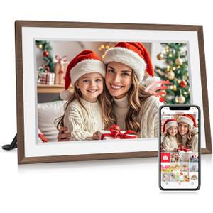 Frameo 10.1" WiFi Digital Picture Frame, Smart Cloud Electronic Photo Frame with 32GB Memory 1280x800 HD IPS Touch Screen Slideshow Auto-Rotate Wall Mounted, Share Photos/Videos from Phone Remotely (10.1 inch Brown Wood & White)