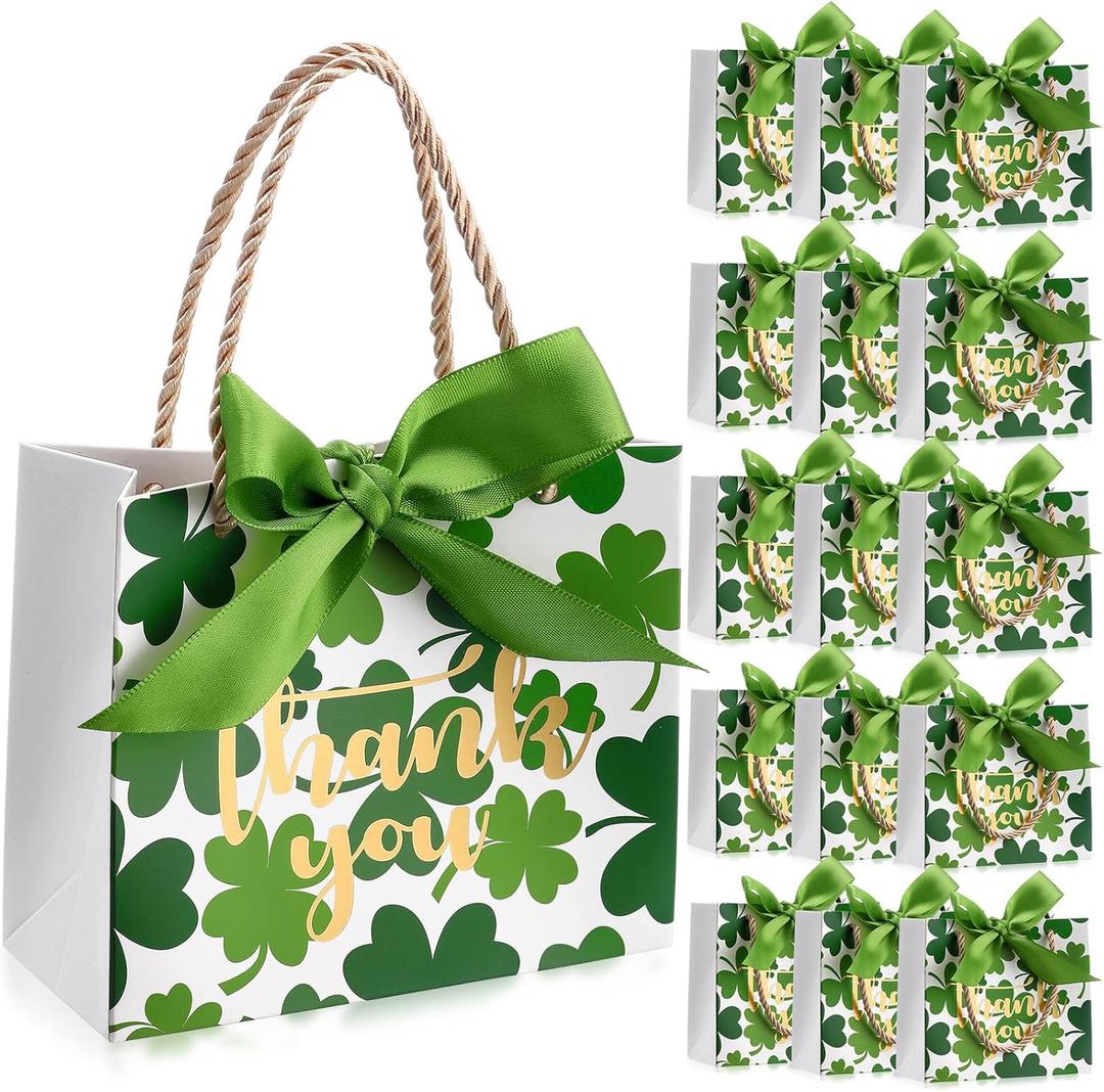 Kolldenn 40 Pcs St. Patrick's Day Thank You Gift Bags with Green Bow Reusable Paper Irish Tote with Handle and Bow Ribbon Shamrock Goodie Bags for Business Party Favors 5.5 x 2.4 x 4.7 Inches