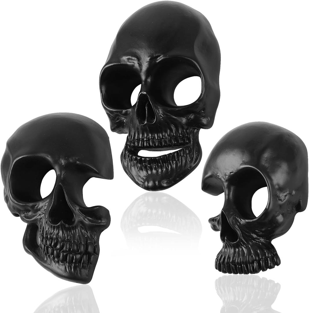 Skull Wall Decor Set of 3, Halloween Hanging Dark Resin Skeleton Statues, Wall Mounted Horror Skulls Art Sculpture Spooky Gift, Indoor Outdoor Gothic Black Office Living Room Decor