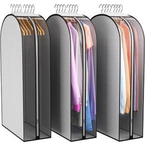 Liuoud 10" Gusseted Garment Bags for Hanging Clothes 40" Suit Bags for Open Closet Storage, Side Clear Clothing Cover for Coat, Dress, Jacket, Shirt, Fur Wardrobe Protector, 3 Packs, Grey