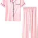Umeyda Girls Womens Pajamas Set, Satin Silky Button Down Loungewear 2 Piece Short Sleeve Pants PJS Sets for Mommy Kids (Medium, Baby Pink)