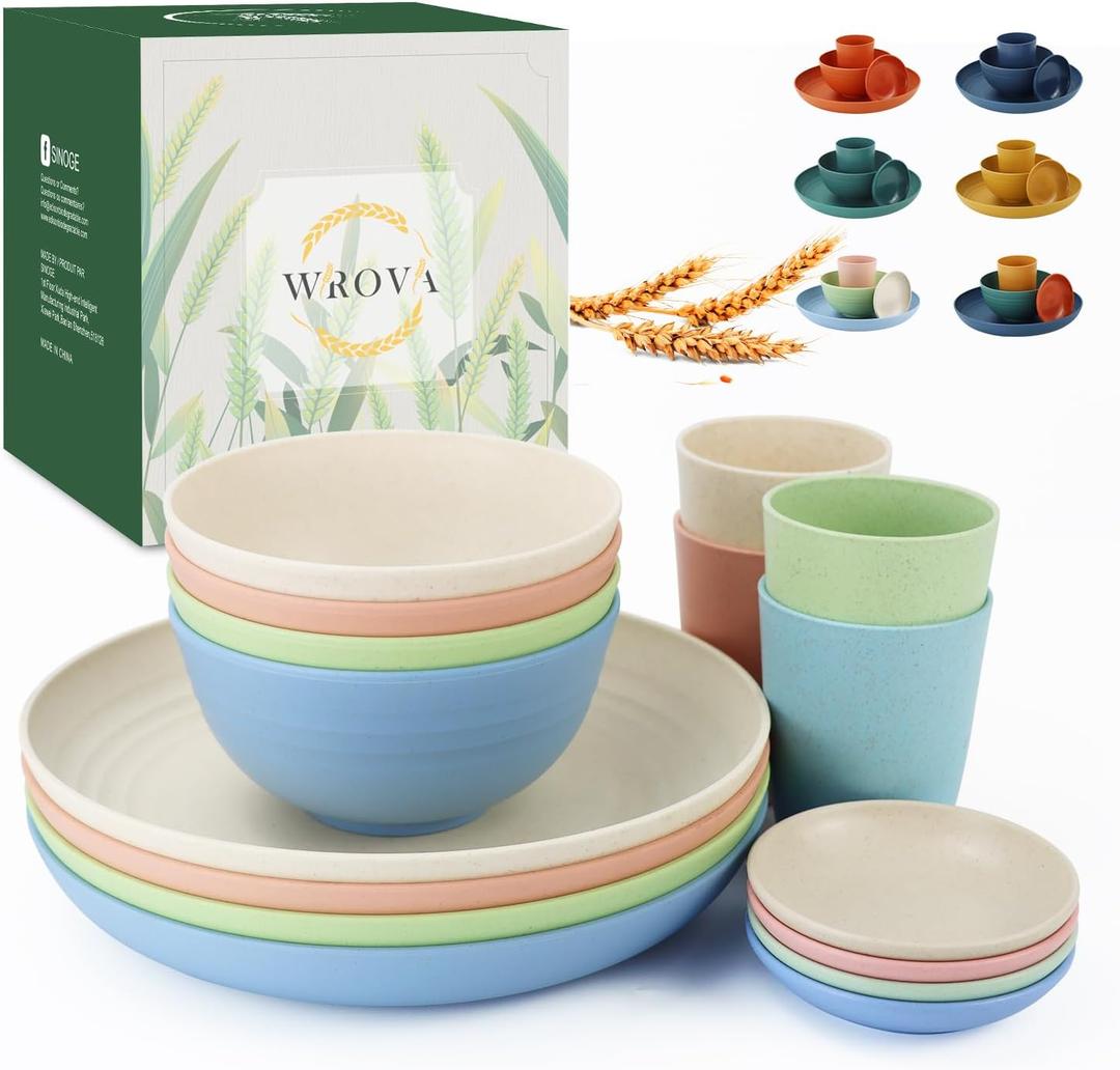 Wrova Wheat straw plates and bowls sets of 16 - Unbreakable wheat straw dinnerware sets for kids - Alternative plastic dinnerware set service for 4 - Microwave safe and Dishwasher safe bowls. Nordic