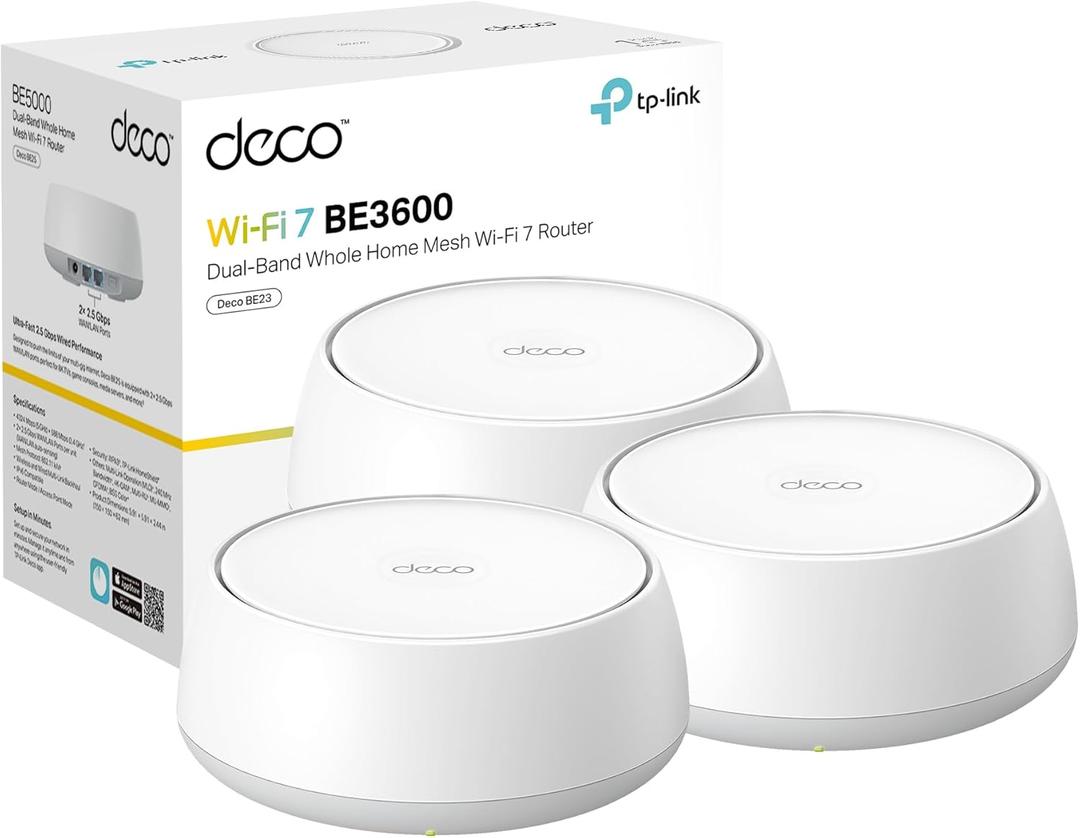 TP-Link Deco 7 BE23 Dual-Band BE3600 WiFi 7 Mesh Wi-Fi System | 4-Stream 3.6 Gbps, 160 Mhz | Covers up to 6,500 Sq.Ft | 2 2.5G Ports Wired Backhaul | VPN,MLO,AI-Roaming, HomeShield, 3-Pack