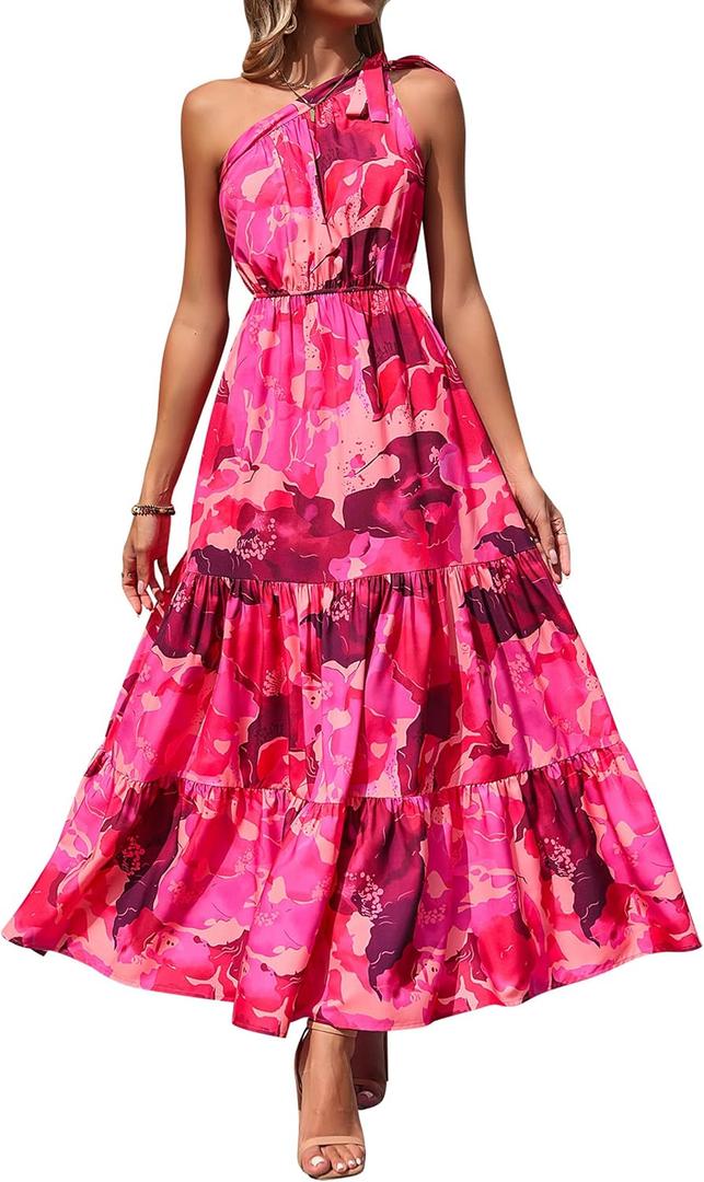 PRETTYGARDEN Women's Summer Floral Maxi Dress Knot One Shoulder Sleeveless Ruffle Flowy Boho Beach Wedding Guest Dresses (Rose Red Big Floral, Medium)
