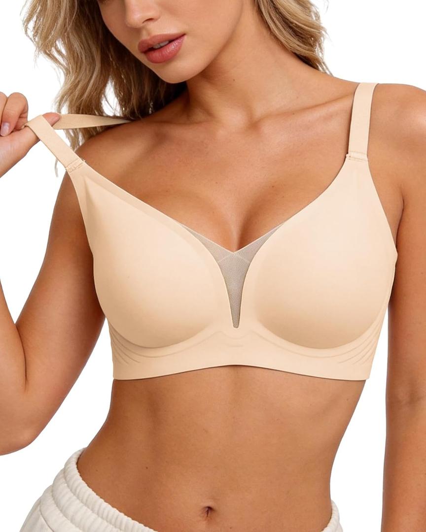 Womens Wireless Jelly Balconette Bra No Underwire Seamless Push Up Bras Mesh Sexy Deep V Everyday Tshirt Bra (Beige, XXXL)