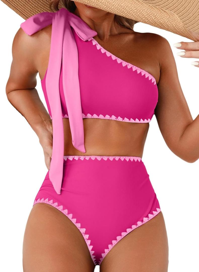 Herseas Women's One Bow Shoulder Bikini Sets 2 Piece Ruched Swimsuit Elegant Bathing Suit, L