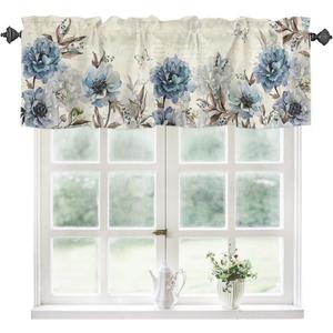 Kitchen Curtains Valances, Flower Butterfly Dragonfly Vintage Blue Floral Spring Summer Short Rod Pocket Valances for Windows for Bedroom, Bathroom, 1 Panel, 42" W x 12" L (42"W x 12"L (Pack of 1), Floweryku2417)