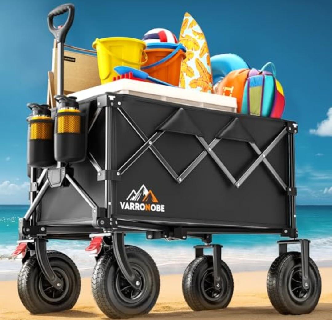 Big Rubber Wheels Beach Wagon Cart Foldable, 9x3 All-Terrain Wheels, Heavy Duty Collapsible Utility Wagon with 330lbs Capacity, Compact Storage, Easy Transport for Sand Camping Sports, Black