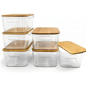 6 Pack Clear Storage Bins with Bamboo Lids - Stackable Pantry Organization and Storage Containers with Handles - 3.7L Large BPA-Free Plastic Organizer for Kitchen, Fridge, Bathroom & Closet