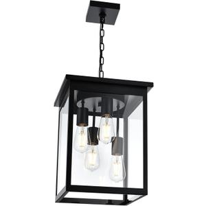 Large Outdoor Pendant Light Fixtures, 4-Lights Black Exterior Ceiling Hanging Lanterns with Clear Glass, Farmhouse Outdoor Chandelier for Front Door Entry Patio
