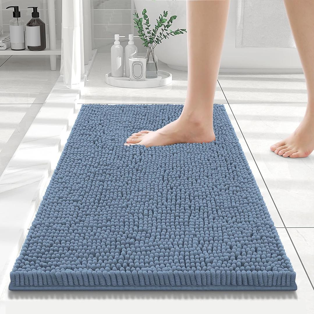Smiry Luxury Chenille Bathroom Rugs 24x16, Extra Soft and Absorbent Shaggy Bath Mat, Machine Washable, Non-Slip Plush Carpet Runner for Tub, Shower, and Floor, Home Decor Accessories, Grayish Blue