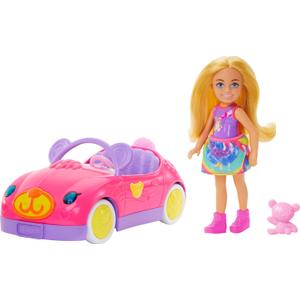 Barbie Chelsea Toy Car Set with Bear-Themed Convertible & Teddy Bear Accessory, Blonde Small Doll Wears Removable Skirt & Shoes