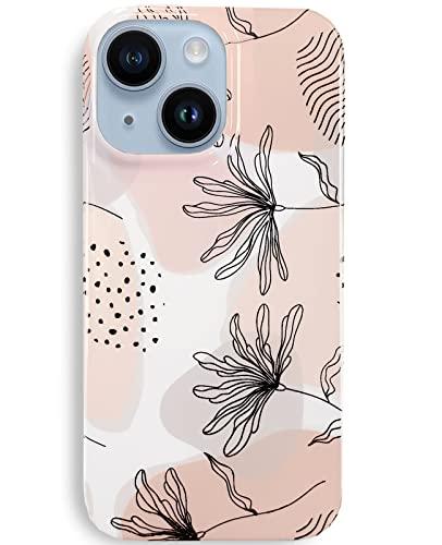 iPhone 15plus Case 6.1,Aesthetic Minimalist Boho Modern Abstract Prints Slim Geometric Line Plant Floral Pattern Pink Soft TPU Shockproof Cover Protective Phone Case for Women Leaves