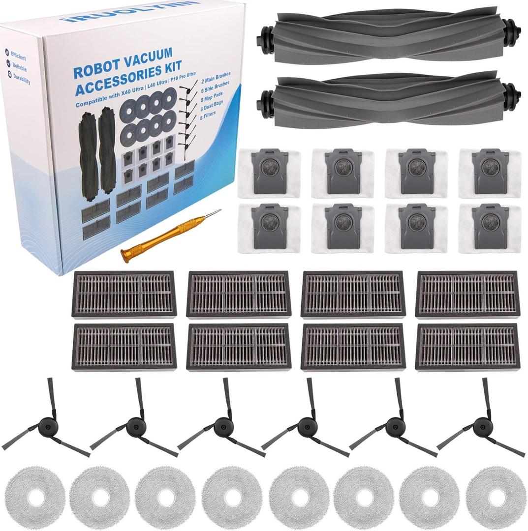 Replacement Accessories Parts Kit Compatible with Dreame L40 Ultra | X40 Ultra | Mova P10 Pro Ultra  8 Robot Vacuum Dust Bags, 8 Mop Pads, 8 Filters, 6 Side Brushes, 2 Rubber Main Brushes