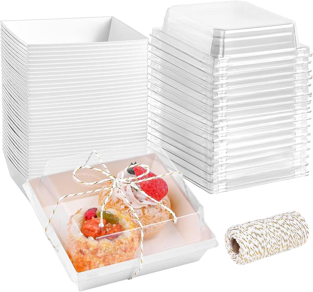 ZORRITA 50 Pack 5 Inch Paper Charcuterie Boxes with Clear Lids, Square To Go Cake Slice Containers Small Bakery Boxes for Dessert, Cookies, Sandwich, Strawberries (White)