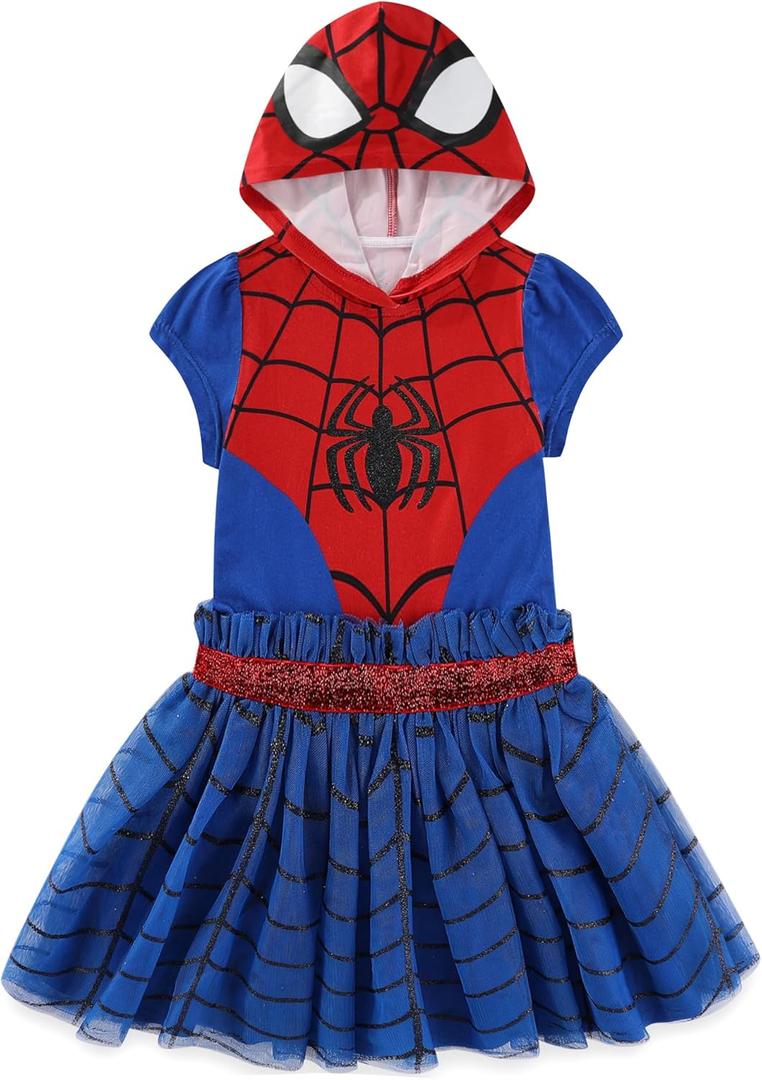 Marvel Spider-Man Girls Hooded Tulle Cosplay Dress for Toddler and Big Kids (4T, Red/Blue)